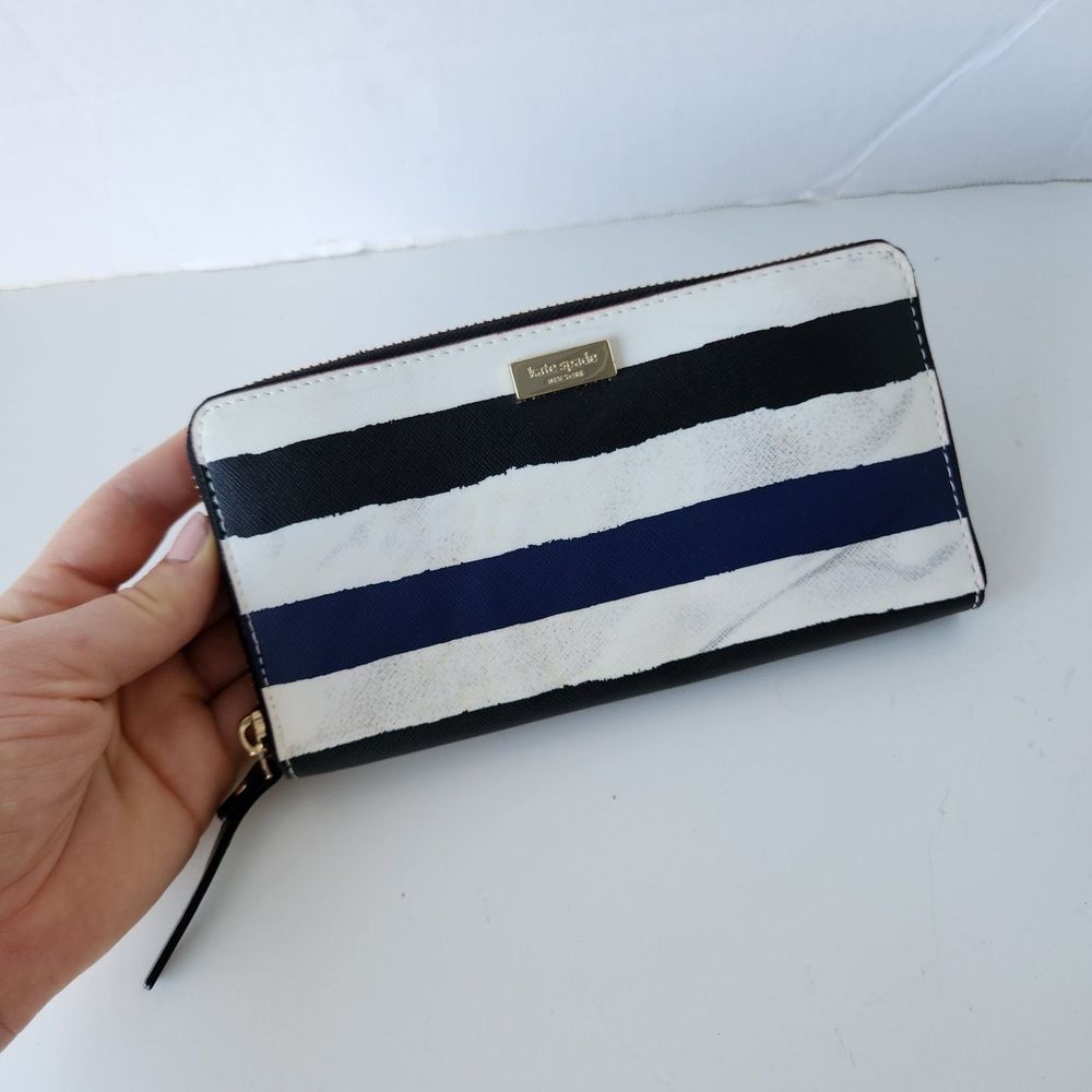 Kate Spade Continental Zip Womens Striped Wallet Navy/Cream/Black Lots Of Space